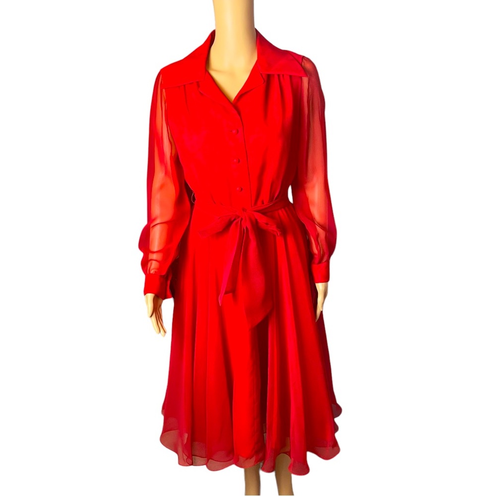 Vintage 1970s Scarlet Chiffon Midi Dress